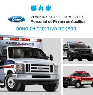 Imágenes de oferta de varios vehículos de emergencia Ford con 500 dólares de bonificación en efectivo para el personal de servicio de emergencia