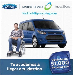 Hombre en silla de ruedas en frente de una Ford Transit y oferta para obtener un reembolso de hasta 1000 dólares con el Programa para Minusválidos Ford