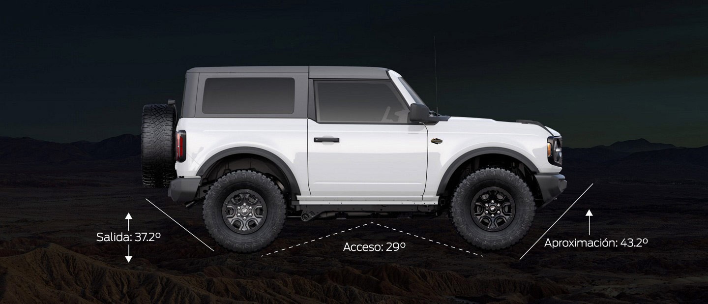 Una Ford Bronco® Wildtrak® 2023 de dos puertas en Oxford White con diagramas de ángulo