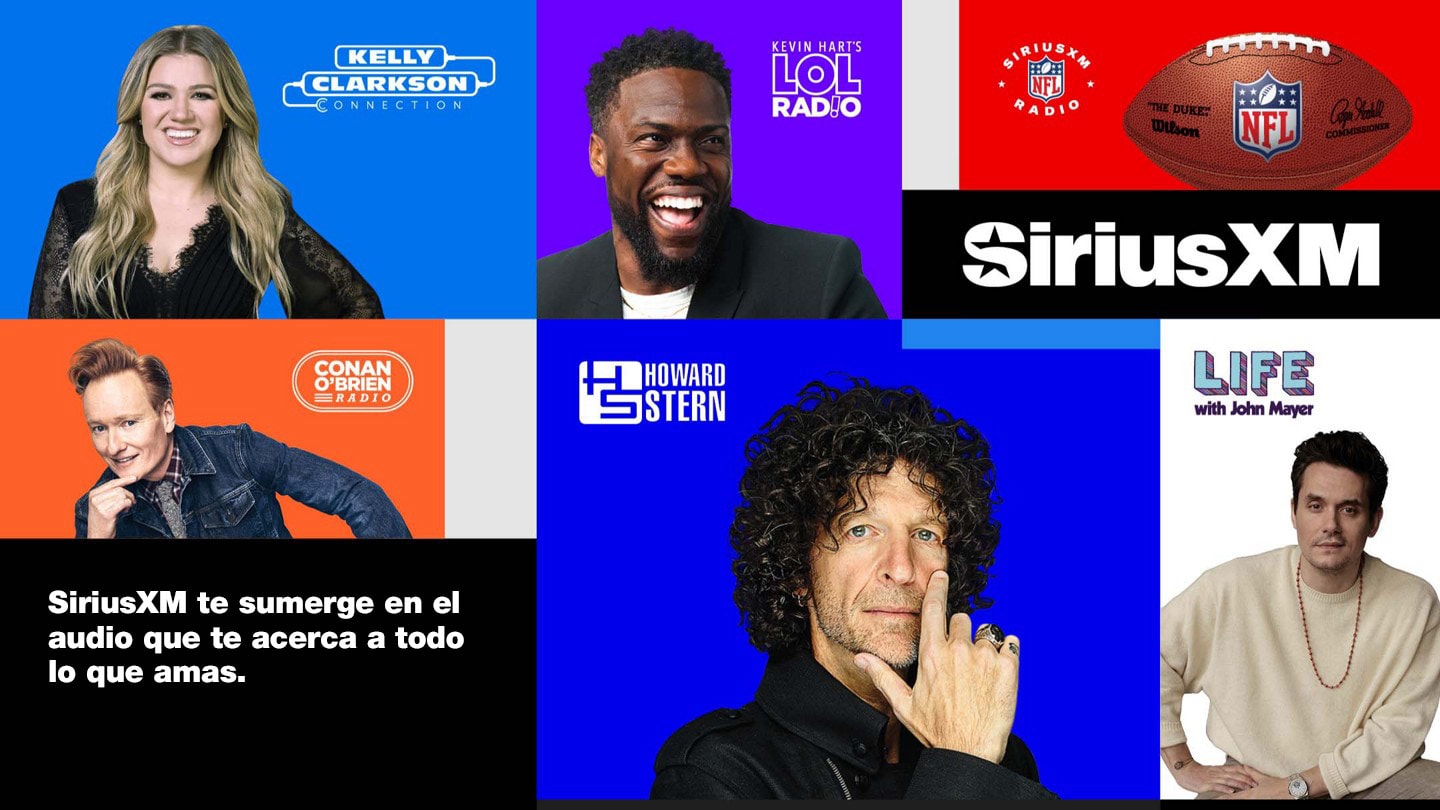 Logo de SiriusXM con estrellas como Kelly Clarkson, Kevin Heart, Conan O'Brien, Howard Stern y John Mayer, más logo de deportes de la NFL.