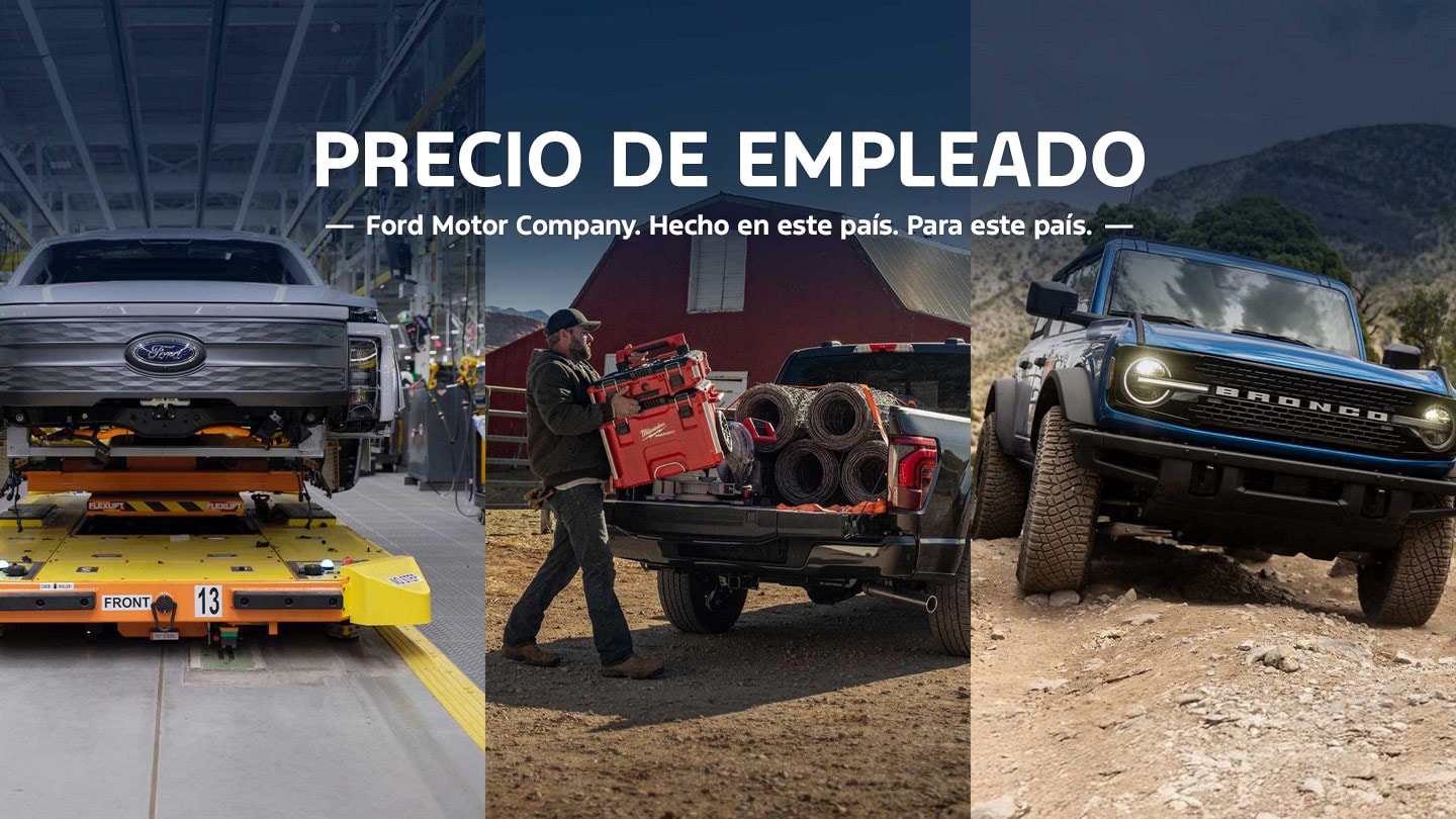 Una Ford F-150 Lightning 2024 en una línea de ensamblado, una persona cargando una caja de herramientas en la plataforma de una F-150 y una Bronco andando por la tierra