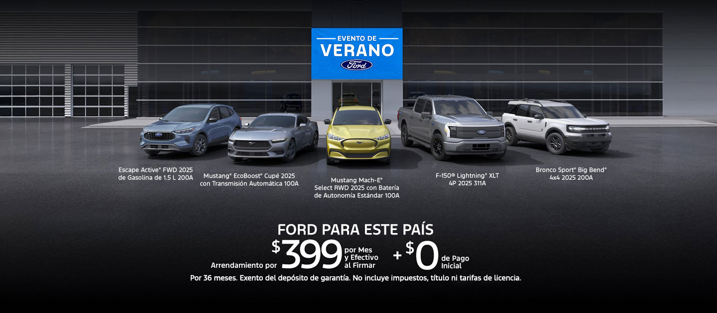 A Ford Escape®, Mustang®, Mustang Mach-E®, and Bronco Sport® lined up in front of a Ford dealership