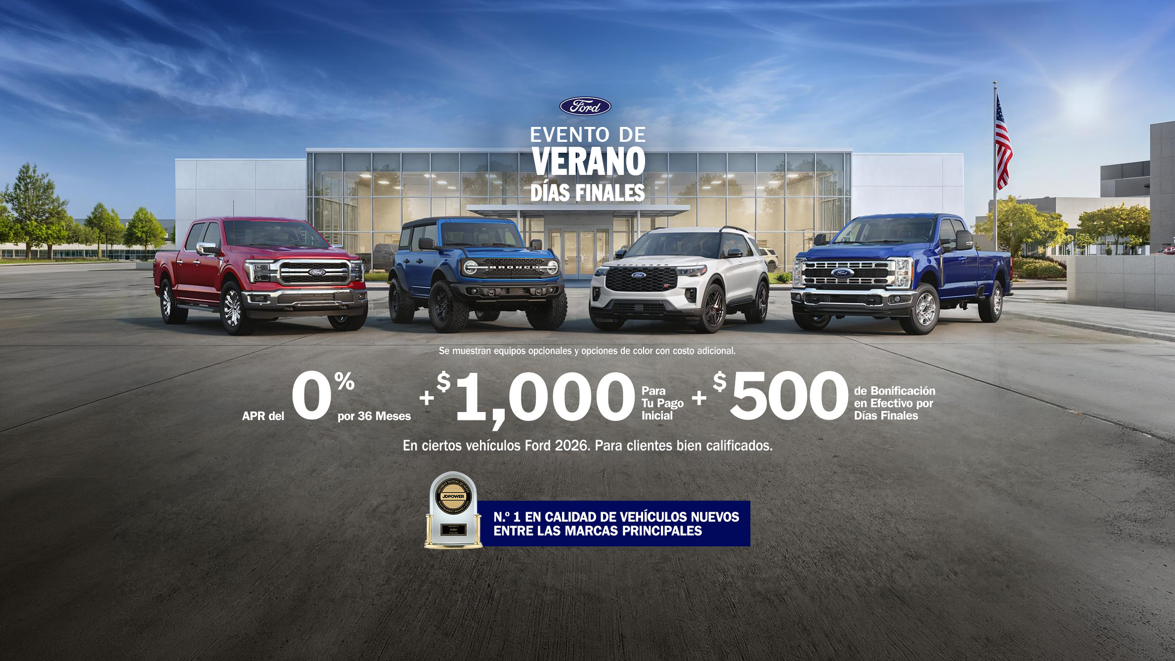 Imagen del exterior del concesionario con una línea de vehículos Ford 2026 en el exterior