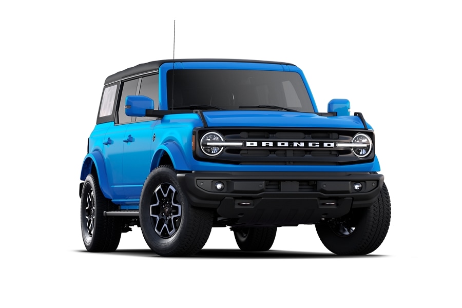 Se muestra el modelo Ford Bronco® Outer Banks® 2023 de cuatro puertas en Velocity Blue Metallic