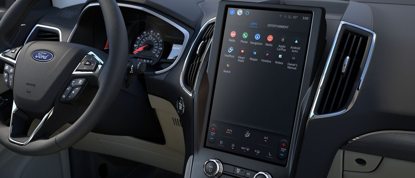 La consola, el volante, el grupo de instrumentos y la pantalla táctil de 12 pulgadas de la SUV Ford Edge® 2024