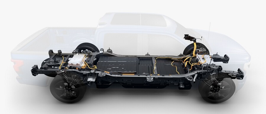Una imagen transparente de una Ford F-150 Lightning® 2023 que muestra la batería y los motores eléctricos